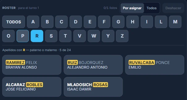 Índice A–Z del roster filtrado por la R: aparecen jugadores con R en el apellido paterno o en el materno