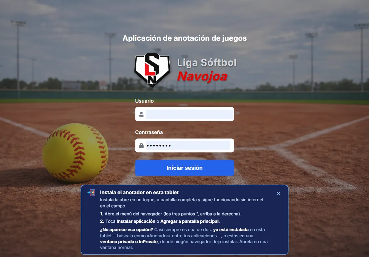 Pantalla de acceso del anotador con el aviso para instalar la app