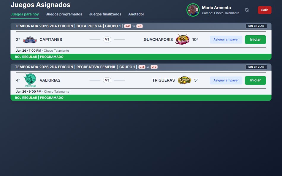 Lista de juegos asignados al anotador en la app