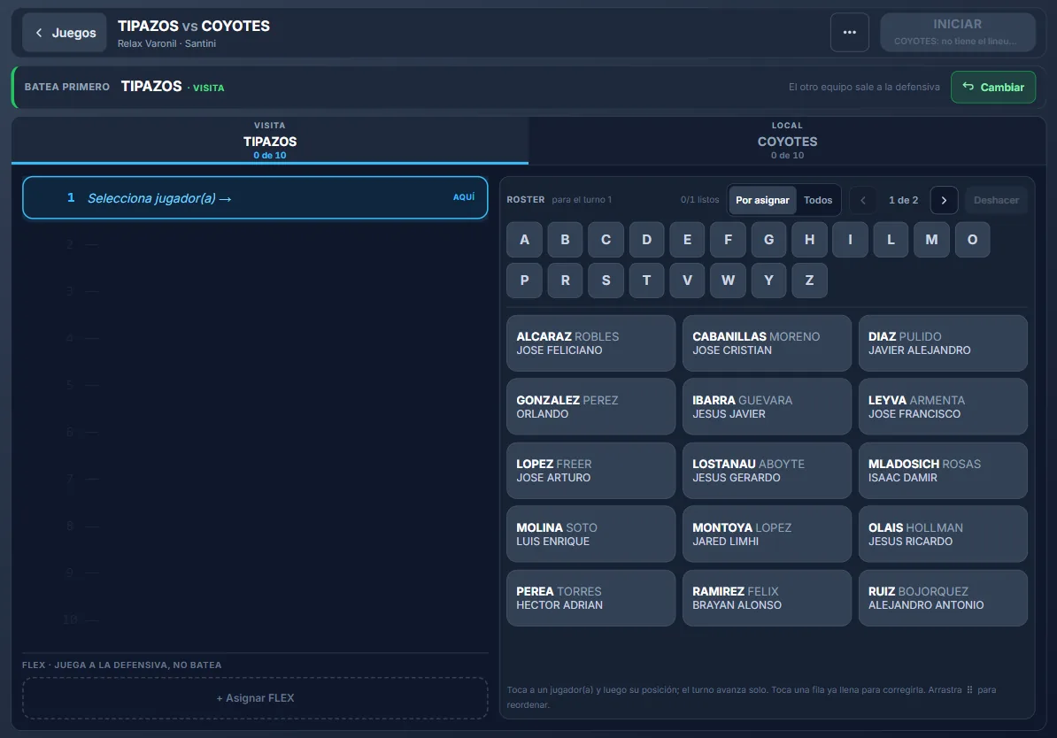 Armado del lineup en la app de anotación: se filtra el roster por la letra R, se toca al jugador y luego su posición