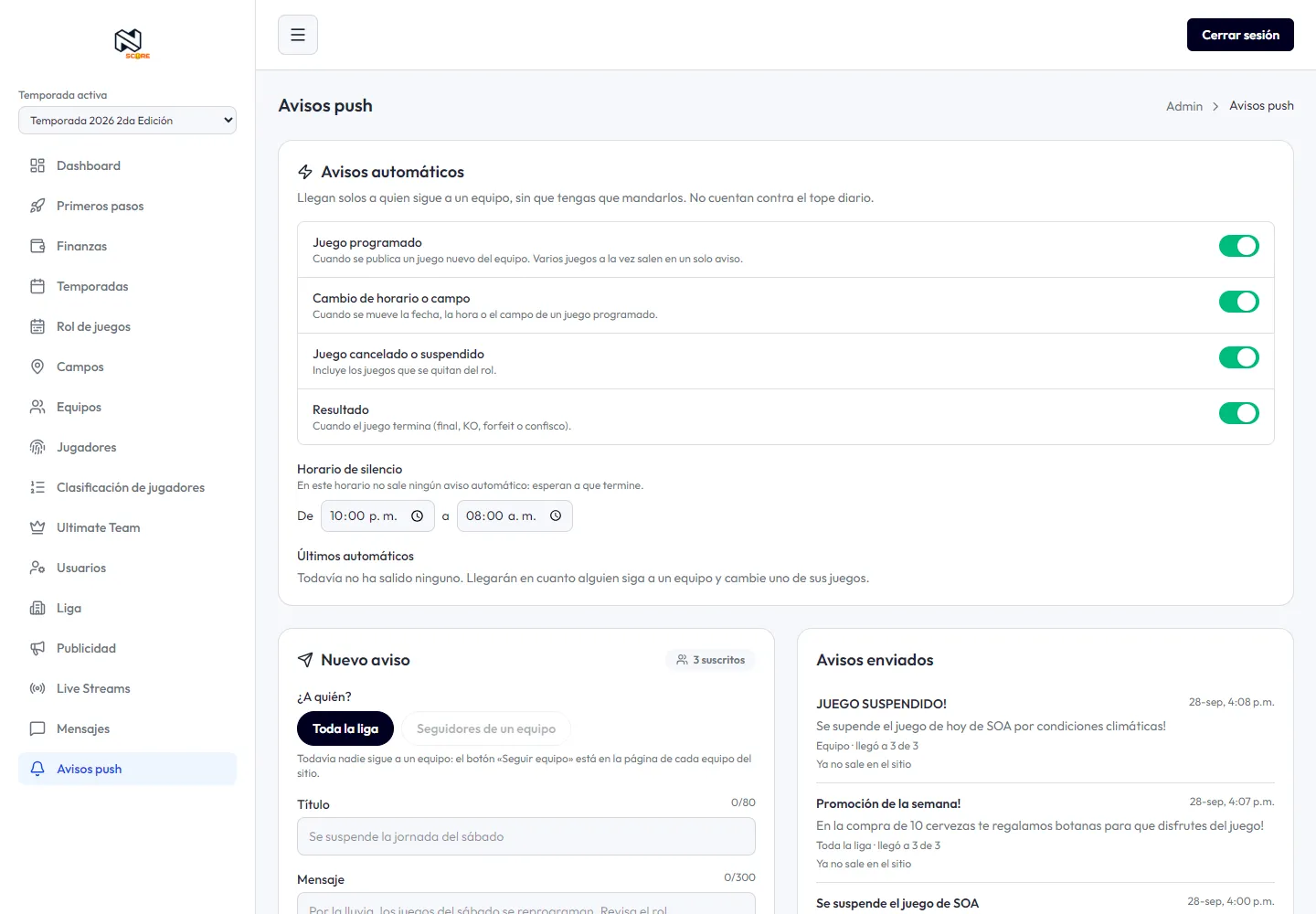 Panel de avisos push: avisos automáticos por juego programado, cambio de horario, cancelación y resultado, y horario de silencio
