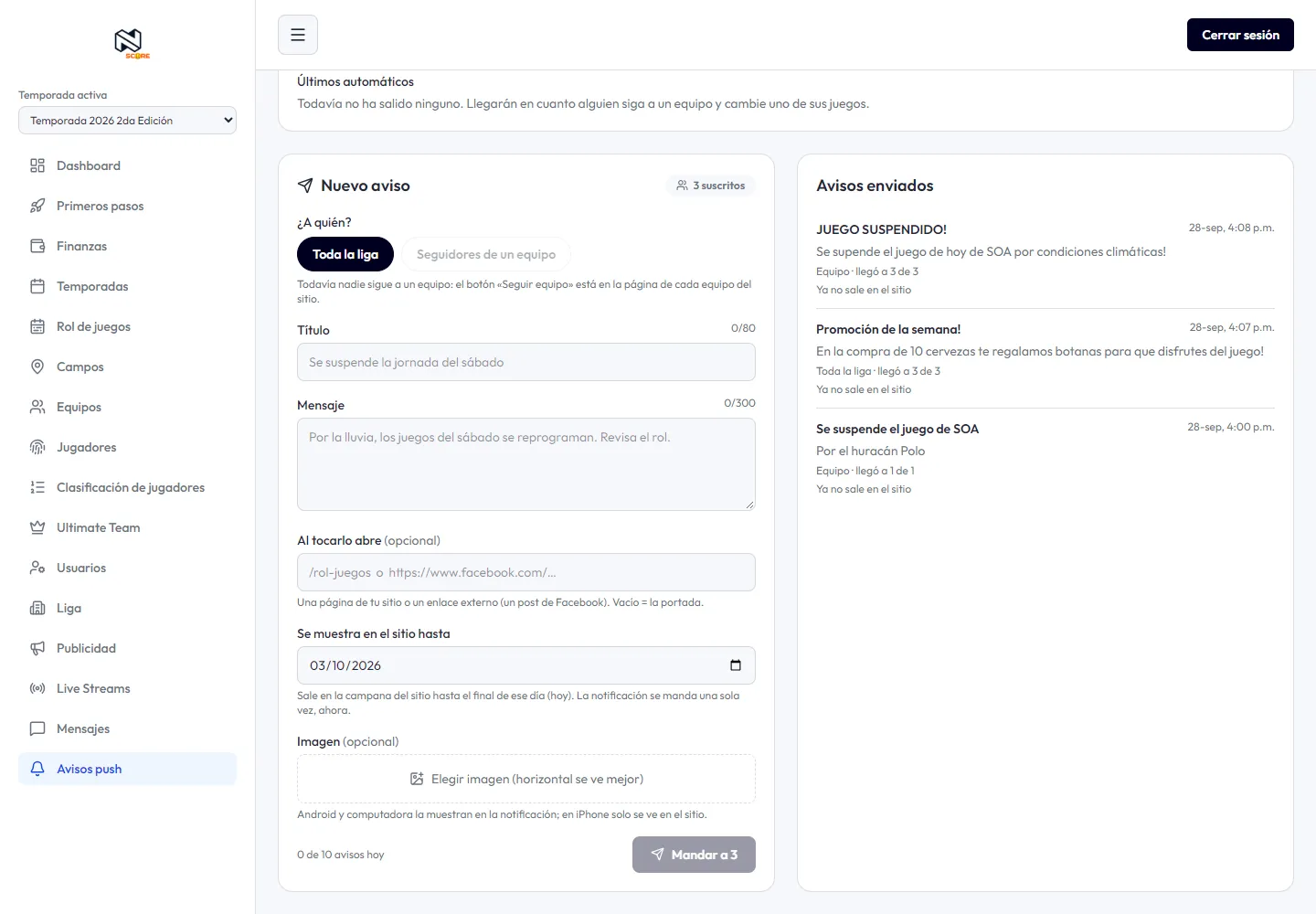 Formulario para mandar un aviso a toda la liga o a los seguidores de un equipo, e historial de avisos enviados