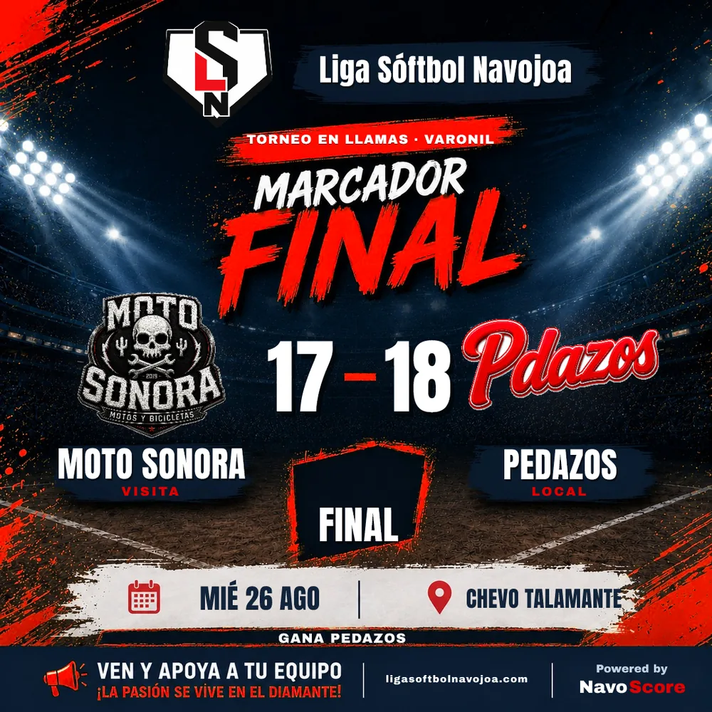 Imagen del marcador final de un juego generada por NavoScore, con los escudos de ambos equipos y la marca de la liga