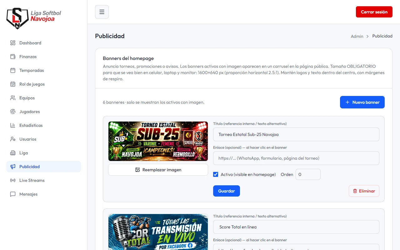 Panel de publicidad de NavoScore: lista de banners patrocinados con su imagen, título, enlace, estado activo y orden, administrados por la liga
