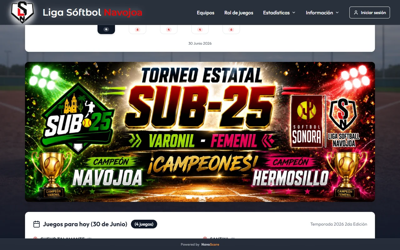 Portal público de la liga mostrando un banner patrocinado (Torneo Estatal Sub-25) en el carrusel de la página principal