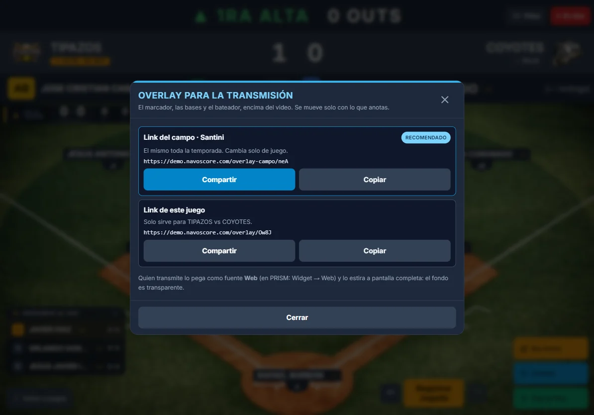 Modal del anotador con el link del overlay por campo y por juego