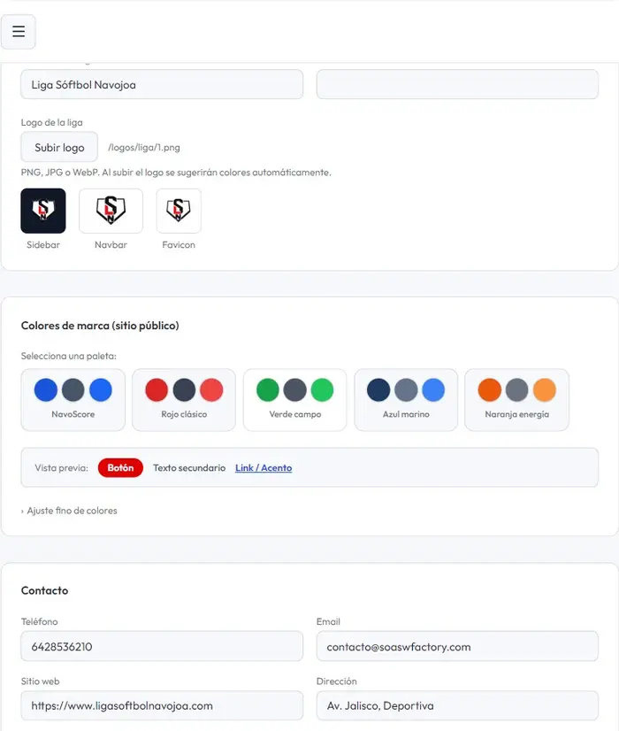 Panel de configuración de la liga: identidad y logo, paletas de color de marca, contacto e información pública