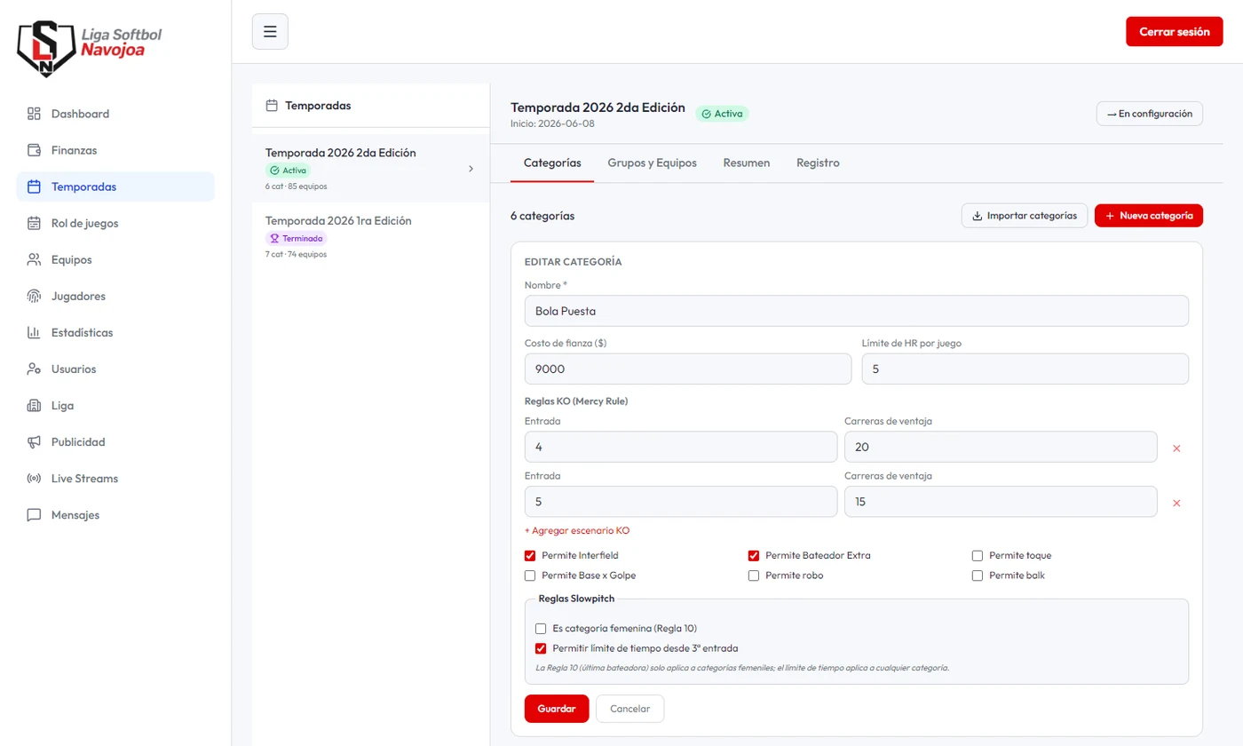 Configuración de reglas por categoría en el panel de NavoScore: límite de HRs, reglas KO (mercy), Interfield, bateador extra, toque, base por golpe, robo, balk y reglas de slowpitch (categoría femenil y límite de tiempo)