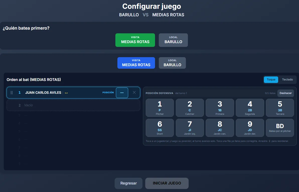 Pantalla de configuración de juego con el orden al bat de nueve lugares y las posiciones del béisbol, incluido BD