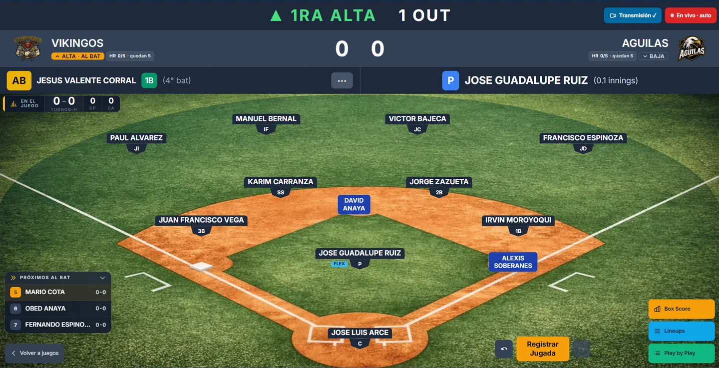 App de anotación de NavoScore: el diamante con la defensiva en el campo, el bateador al bat y el lanzador