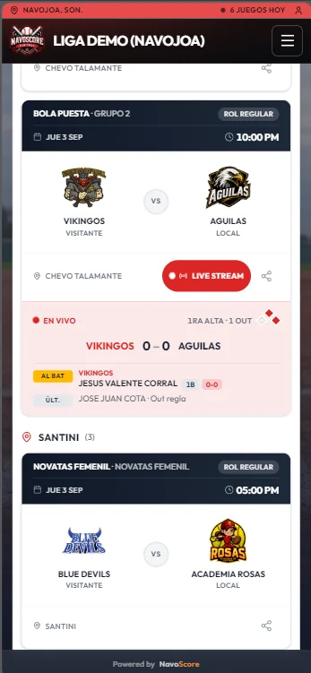 El portal de la liga en el teléfono con un juego en vivo: marcador, quién está al bat y la última jugada