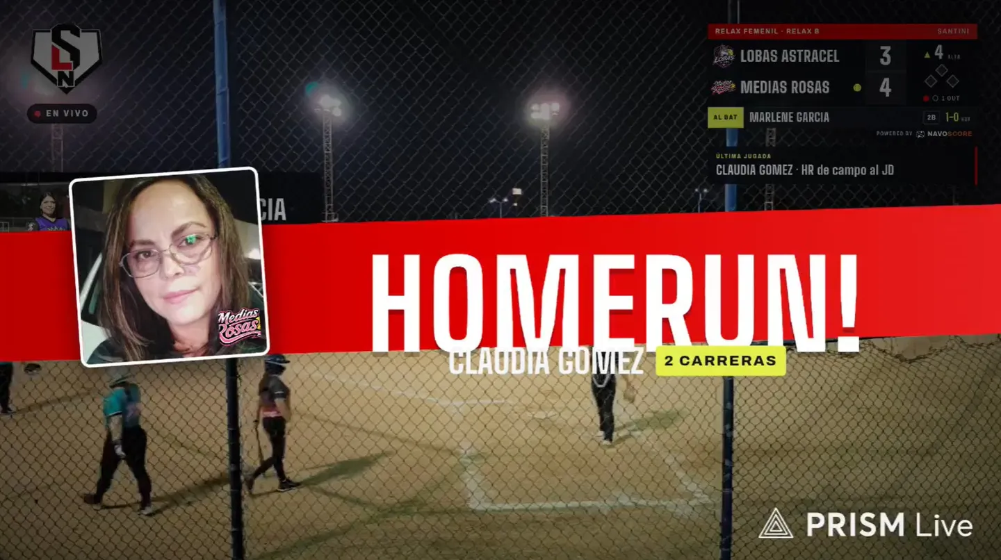 Animación de jonrón en el overlay: la foto de la jugadora, su nombre y las carreras que impulsó